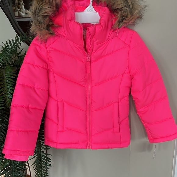 Brand New SO Bright Neon Pink Zip Up Winter Jacket Hooded Puffer Faux Fur Trim - Picture 5 of 15